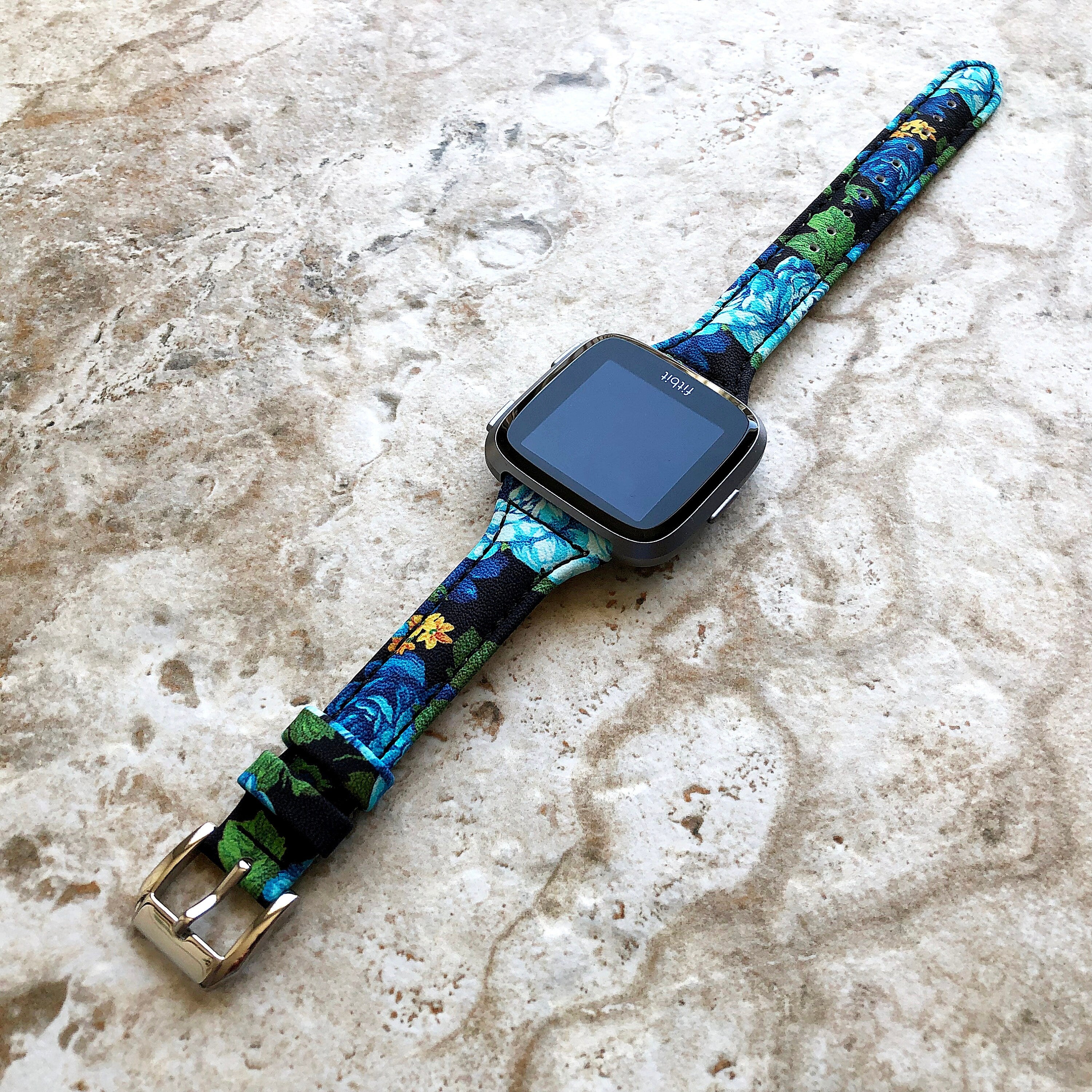 Fitbit Versa Lite 2 3 4 Sense 2 Band Blue Roses Slim Elegant Leather Straps Stitching Details Quick Release Pins Adapters Silver Rose Gold